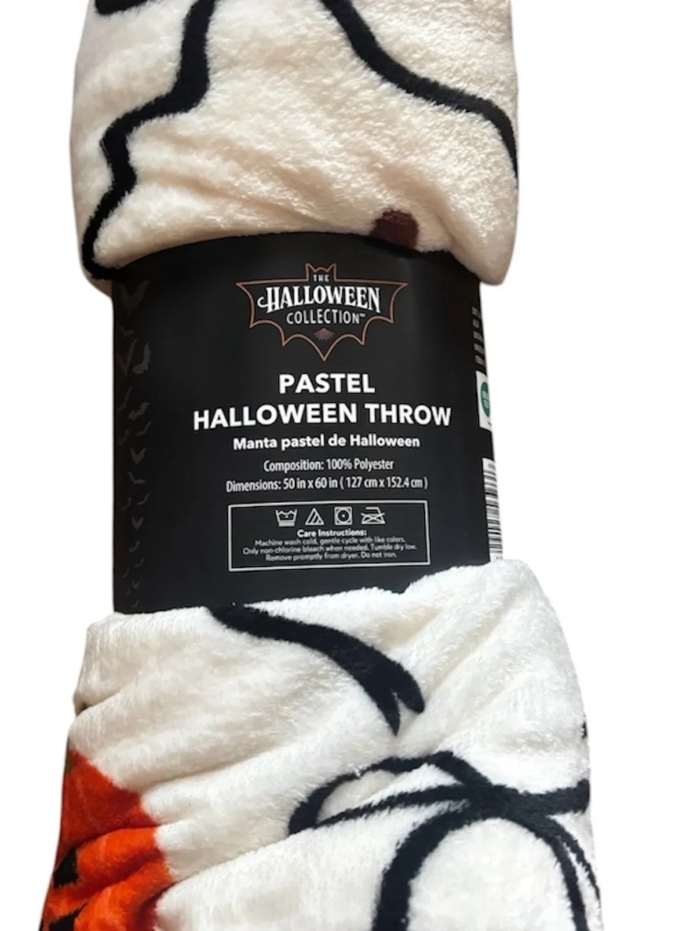NWT ALDI FAUX FUR HALLOWEEN FALL THROW Pumpkin & Black Ribbon Bows Orange White